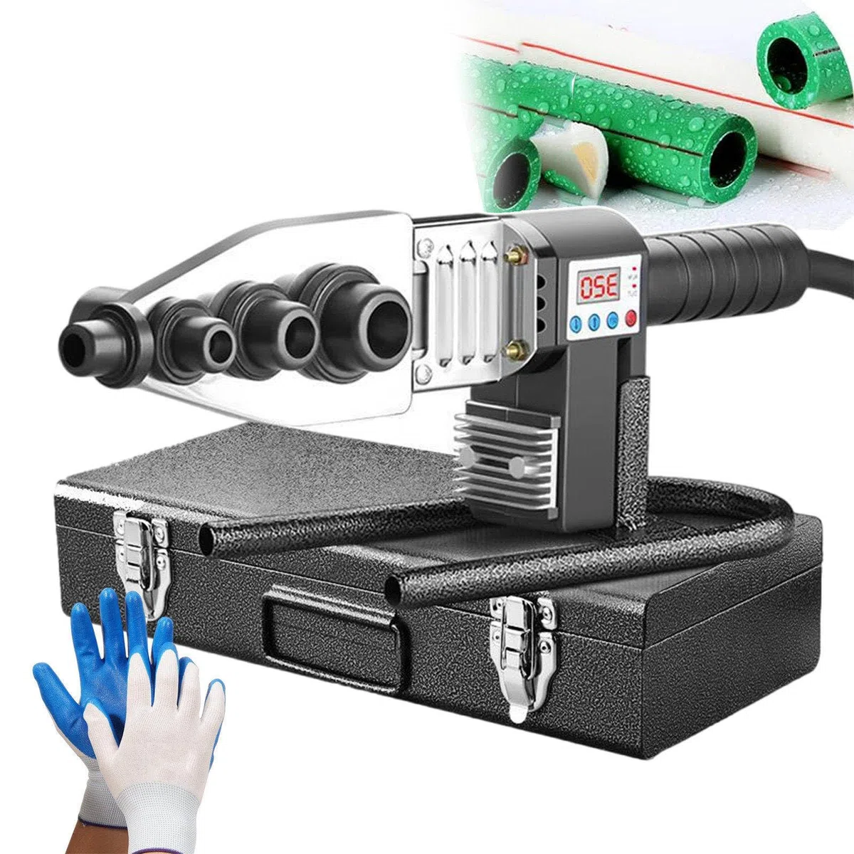 Saldatrice portatile per tubi – Macchina per fusione a caldo con 6 teste di stampaggio, riscaldatore per tubi in PVC, taglierina per tubi e display digitale per saldatura e taglio efficienti
