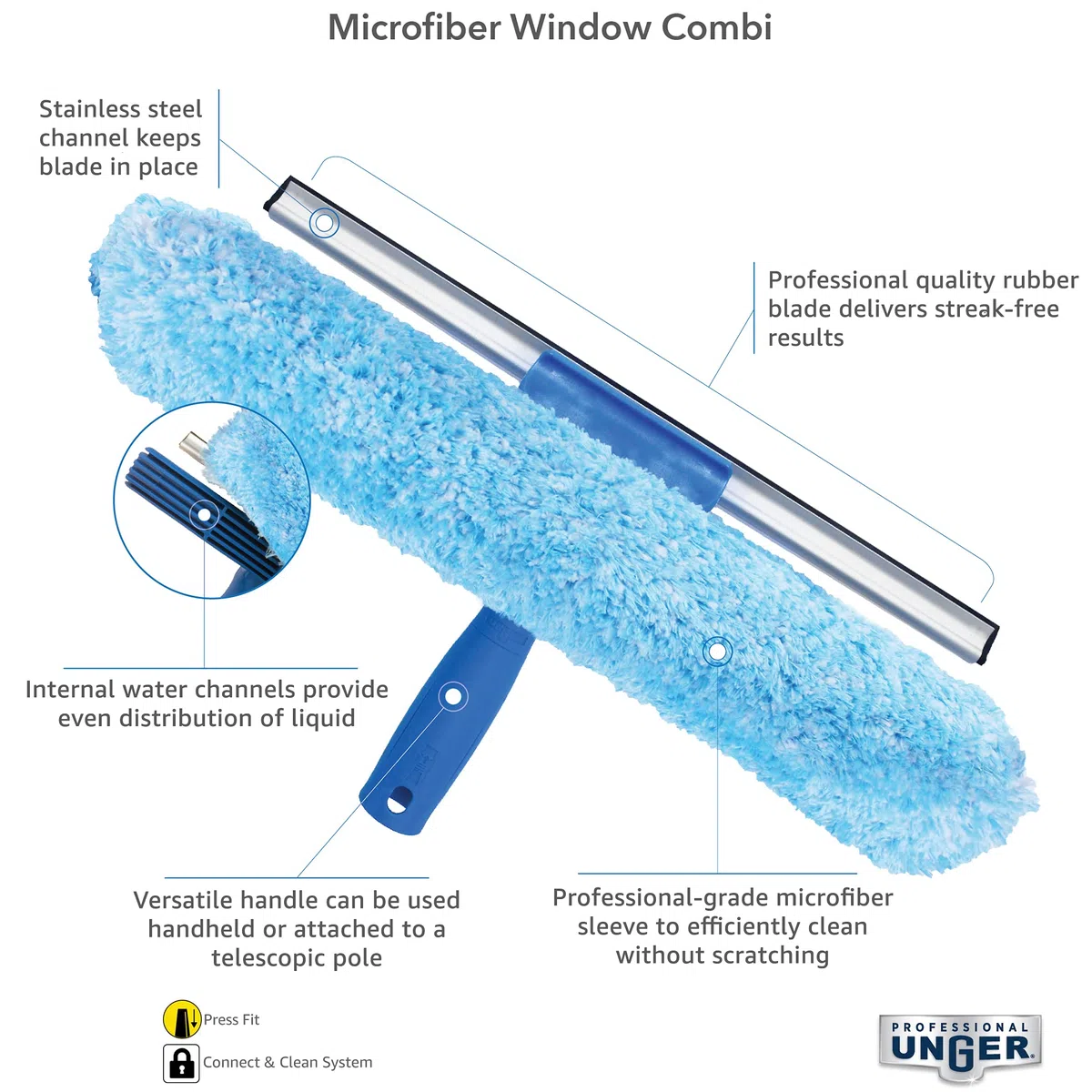 Unger, Lavavetri e spugnetta professionale 2 in 1, strumento per la pulizia delle finestre, 35,6 cm, uso commerciale e residenziale, striscia in microfibra