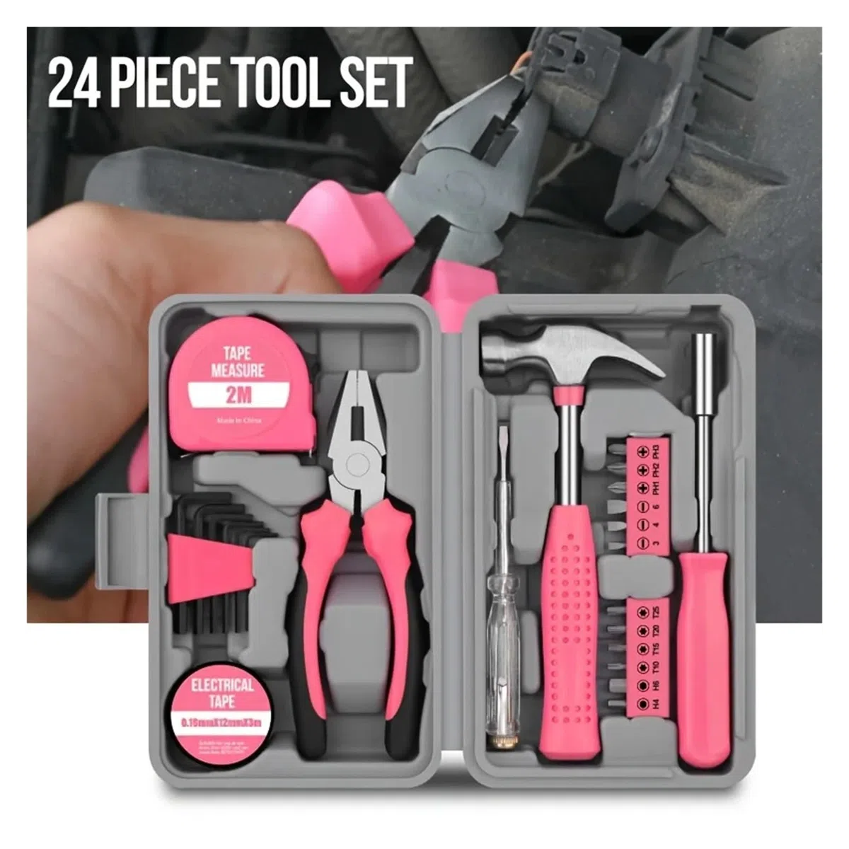 Kit di utensili manuali multifunzionali rosa for il fai da te domestico e la manutenzione automatica emergenza
