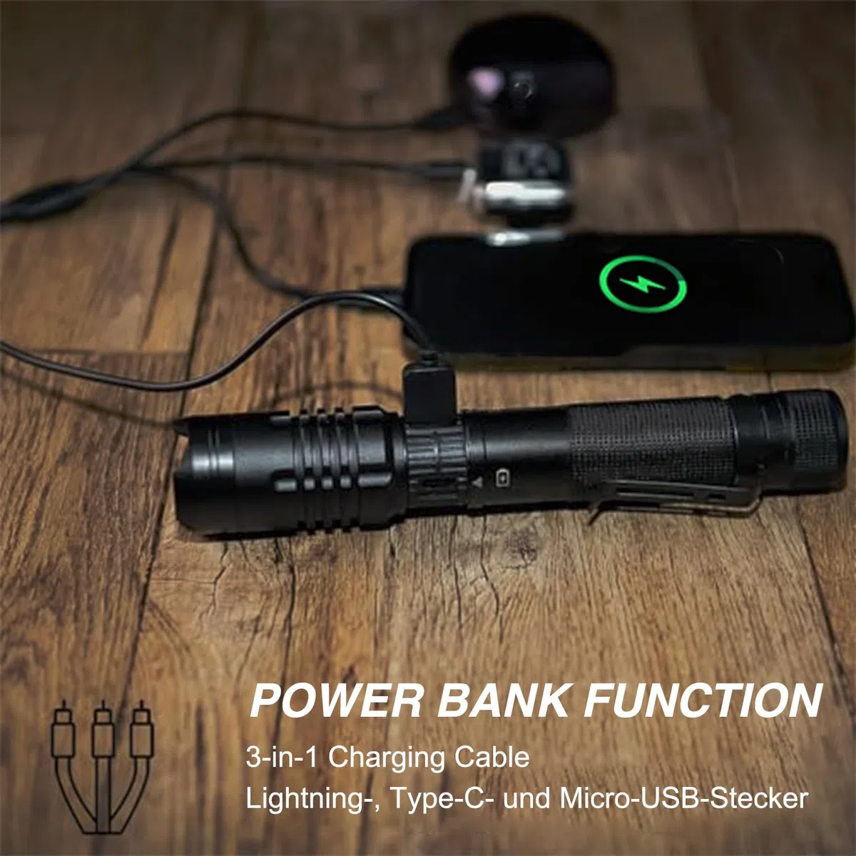 Torcia ricaricabile con zoom con diffusore e tappo magnetico a clip, cavo USB-C 3 in 1, impermeabile IP66, ad alto lumen, super luminosa, portatile, portatile, per campeggio, emergenze