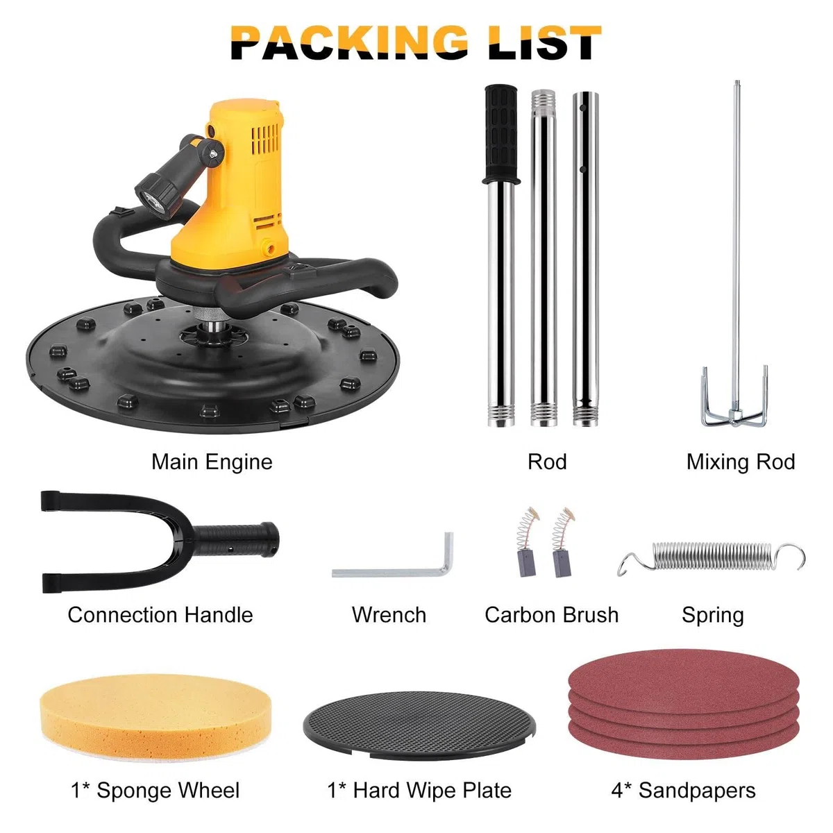 Betoniera Piccola, Frattazzo Elettrico - Motore Rame Affidabile, 6 Velocità 80-600 Giri/min, Raffreddamento Efficiente, Con Prolunga, Miscelatore, Disco Autoadesivo, LED Per Cantiere(Yellow)