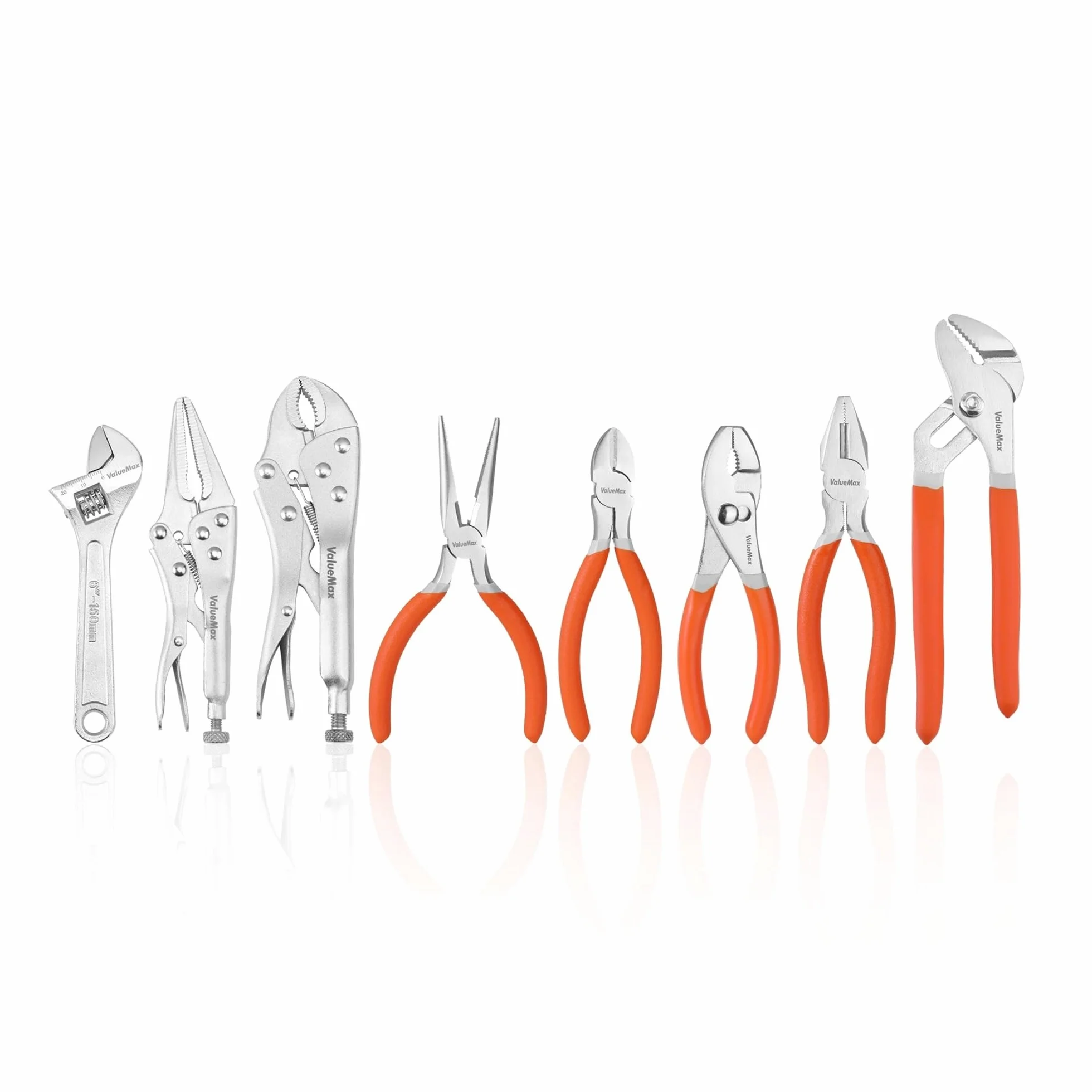 Set di pinze e chiavi ValueMax da 8 pezzi, include pinze Linesman, pinze autobloccanti, pinze a becchi lunghi, pinze a snodo, pinze a snodo, pinze a slittamento