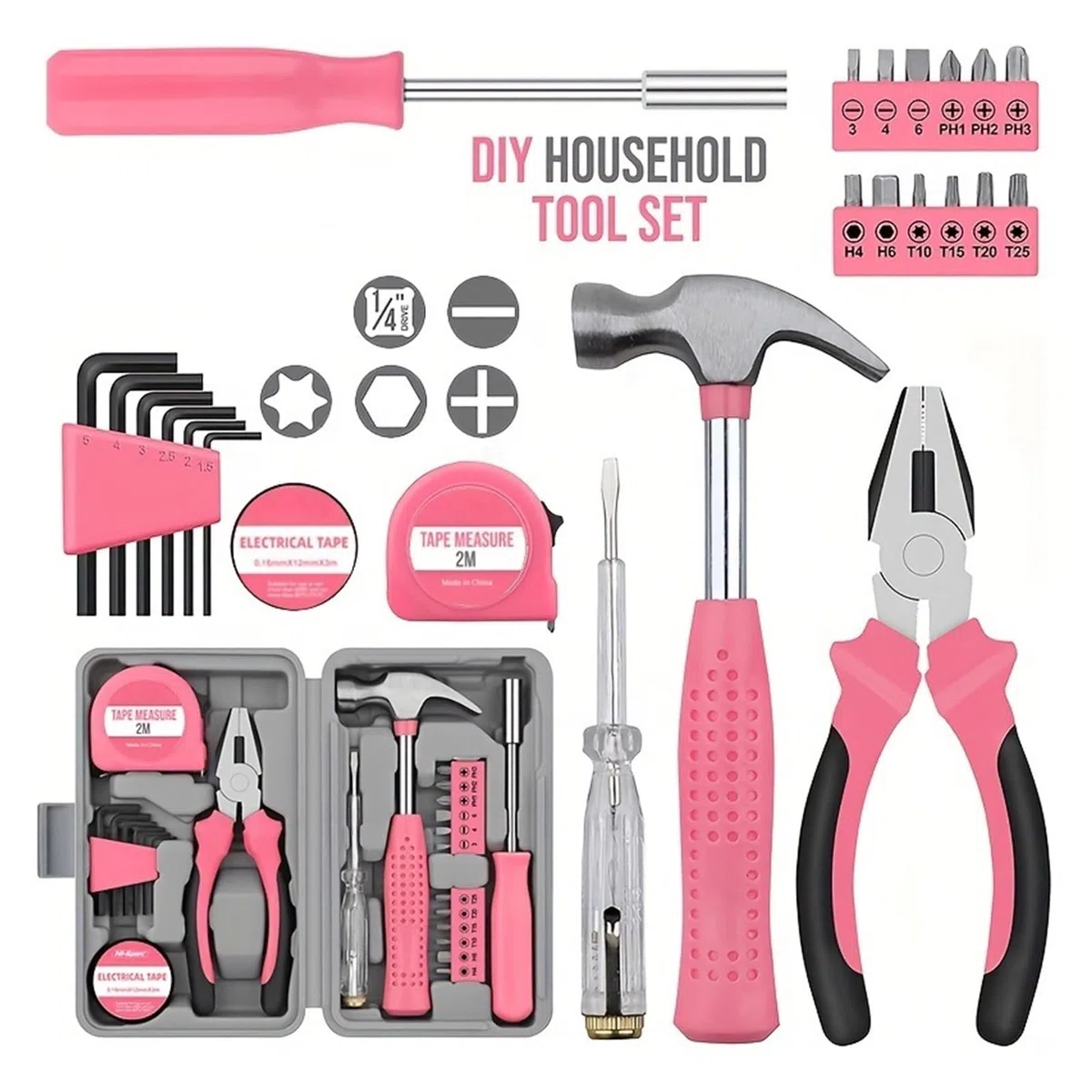 Kit di utensili manuali multifunzionali rosa for il fai da te domestico e la manutenzione automatica emergenza